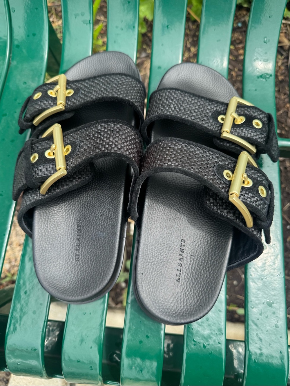 NWOT AllSaints Sian Black Woven Double Buckle Slide Sandals with Gold Hardware - Picture 2 of 3